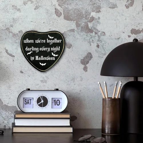 Miniatura 4 de Letrero de madera con forma de corazón gótico, cartel de «Every Night Is Halloween», arte de pared de madera gótico retro, decoración de placa