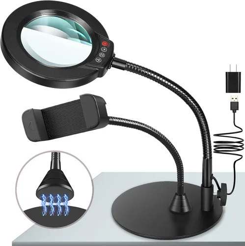 Miniatura 10 de Lupa de 10X con luz y soporte, lámpara de escritorio LED con 5 modos de color y atenuación sin escalones, lupa manos libres con cuello de ganso