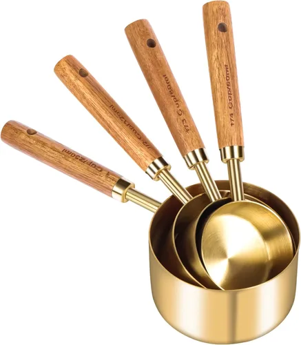Miniatura 2 de GuDoQi Juego de 8 tazas y cucharas medidoras doradas, mango de madera con medidas métricas y estadounidenses, acero inoxidable premium, acabado