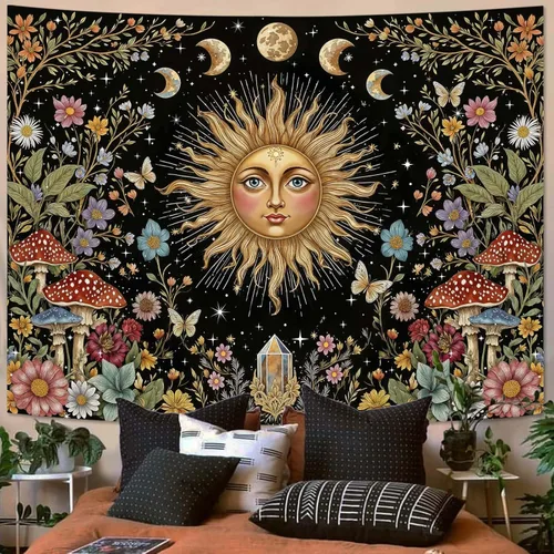 Miniatura 9 de Aipon Tapiz de flores de mariposa azul botánico bohemio para colgar en pared para dormitorio y sala de estar (36.00 pulgadas, 48.00 pulgadas, azul)