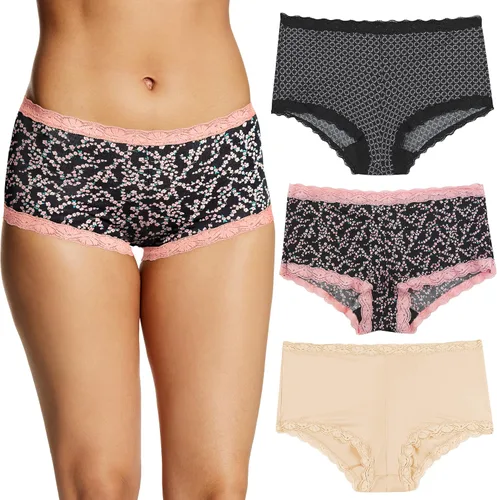 Maidenform Paquete de bragas de microfibra con encaje, ropa interior tipo boyshort para mujer, paquete de 3