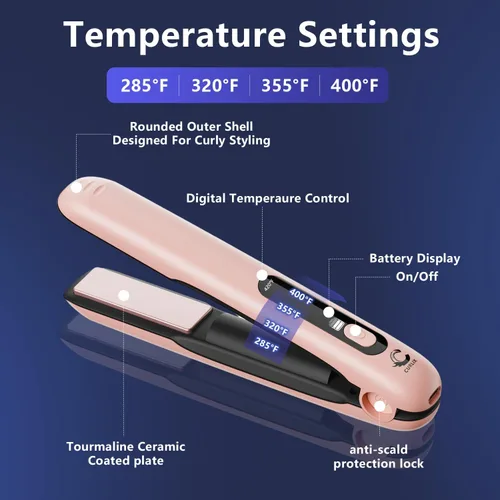 Miniatura 3 de Alisador y rizador de pelo inalámbrico 2 en 1, incluye bolsa de transporte, mini alisador de pelo de viaje con pantalla LCD, carga USB-C, 4 modos