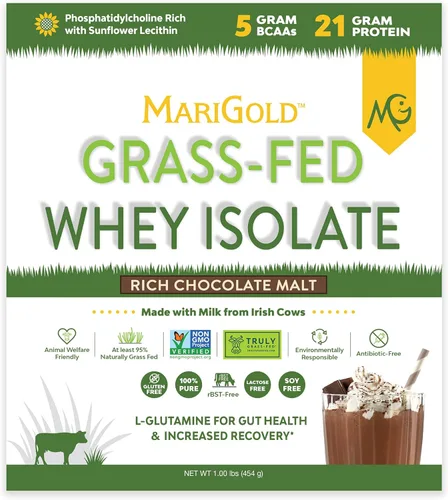 Miniatura 6 de MariGold Polvo aislado de proteína de suero alimentado con pasto, rico sabor a malta de chocolate, 1 libra, 100% puro, procesado en frío