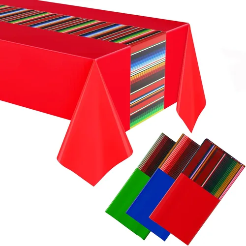 Miniatura 8 de Oudain Mantel de plástico para fiesta, 3 piezas, 108 x 54 pulgadas, desechables, impermeables, mexicanos, a rayas, para noche de tacos, festivales
