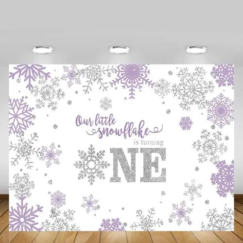 Miniatura 5 de MEHOFOND Telón de fondo de invierno de 7 x 5 pies, diseño de copos de nieve para niñas, feliz primer cumpleaños, fondo de fotografía, morado, Púrpura