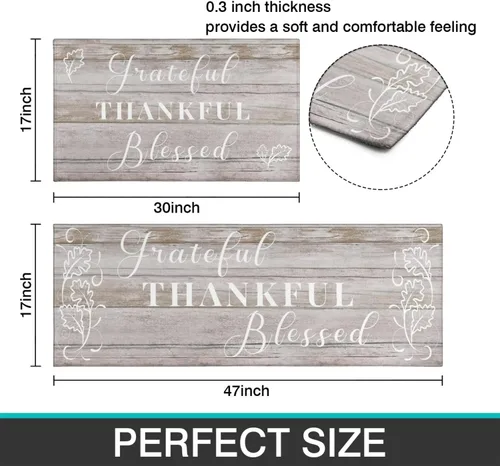 Miniatura 3 de Grateful Thankful Blessed - Juego de 2 alfombras de cocina antideslizantes beige y alfombrillas acolchadas cómodas para cocina, suelo de cocina