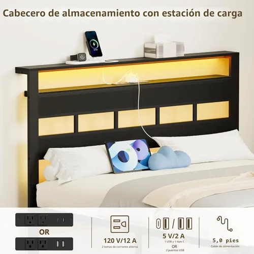 Miniatura 7 de Furnulem Base de cama de tamaño matrimonial con luz LED y estación de carga, cabecera de almacenamiento de madera con estantes de 2 niveles, cama