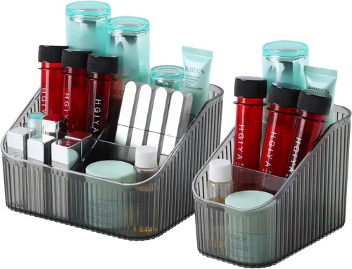 Miniatura 11 de Organizador de brochas de maquillaje ámbar para tocador, organizador de encimera de baño, 5 tazas, almacenamiento y exhibición de artículos