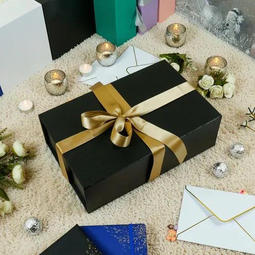 Miniatura 4 de YINUOYOUJIA Cajas de regalo grandes negras con tapa, caja de regalo magnética de 14 x 9 x 4.5 pulgadas con cinta, tarjetas y sobres para regalos
