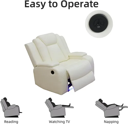 Miniatura 6 de Juegos de Muebles para Sala de Estar, Juego de Sofá Reclinable Eléctrico, Cuero Blanco Vainilla, Seccional de 2 Reclinables con Luz LED