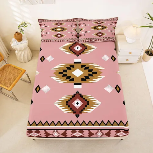 Miniatura 11 de Juego de ropa de cama occidental tamaño individual, sábanas aztecas, estilo nórdico exótico, bohemio, sábana bajera ajustable de tribu india