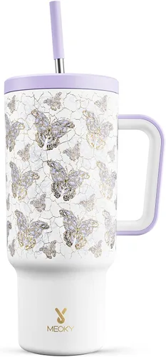 Miniatura 35 de Meoky - Vaso de 30 oz con asa, tapa y pajilla, taza de viaje térmica de acero inoxidable 100% a prueba de fugas, para portavasos, mantiene el frío