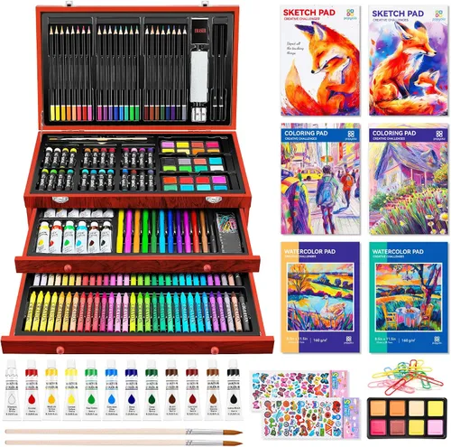 POPYOLA Suministros de arte, juego de arte de lujo de 269 piezas con 6 blocs de dibujo, pinturas de acuarela, crayones y lápices de colores en