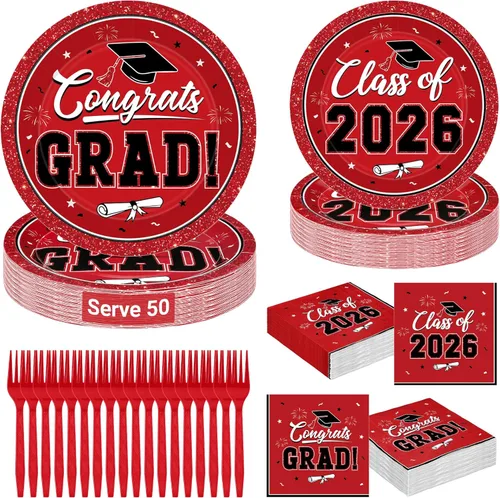 QZYL Juego de 200 suministros de graduación 2026, platos de graduación rojos, servilletas, platos de postre y tenedores de plástico para 50