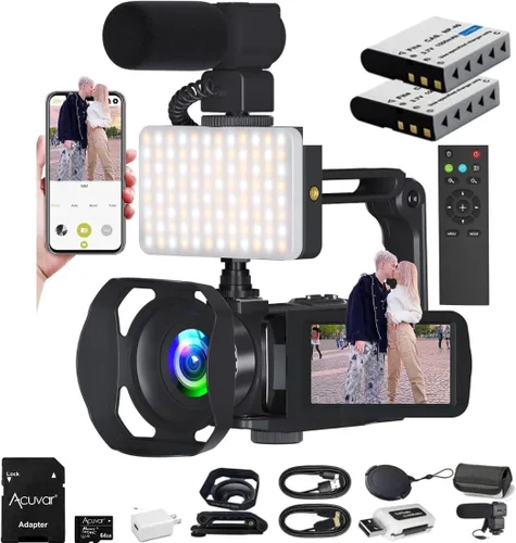 Miniatura 11 de Acuvar Videocámara 4K 60FPS 48MP con WiFi, zoom 18X, pantalla abatible, micrófono externo, estabilizador y trípode, kit de cámara de vlogging con 2