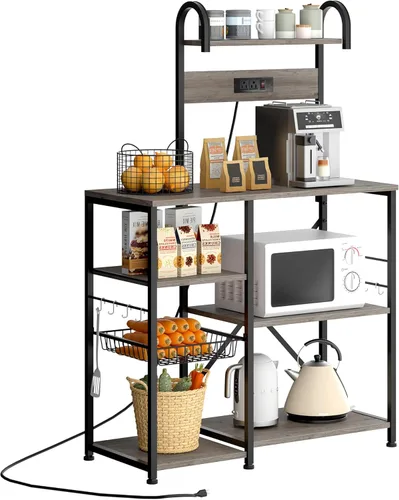 Miniatura 9 de JAMFLY Estante para hornear de cocina de 35.4 pulgadas con toma de corriente, mesa de café y soporte para microondas, estante de almacenamiento