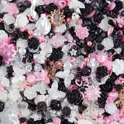 250 cuentas 3D con parte trasera plana, lazos de flores surtidos en color negro, rosa, blanco, cuentas de mariposa con parte trasera plana, perlas