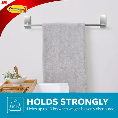 Miniatura 4 de Toallero de baño Command de níquel satinado con tiras adhesivas resistentes al agua, organizador de baño, barra de 61 cm de longitud que sostiene