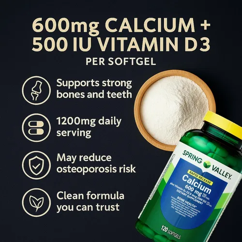 Miniatura 4 de Spring Valley Calcio 600 mg + vitamina D3, 120 cápsulas blandas, salud ósea, dientes fuertes y apoyo para la osteoporosis, cápsulas de liberación