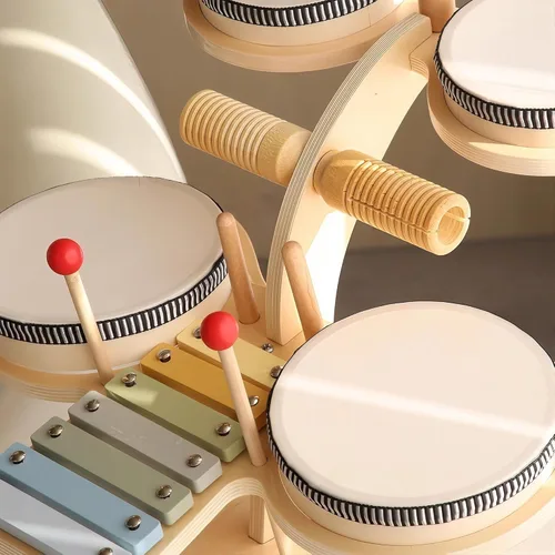 Miniatura 7 de iPlay, iLearn Juego de Batería de Madera para Niños Pequeños, Juguete de Instrumentos Musicales para Niños, Juego de Batería de Percusión 8 en 1