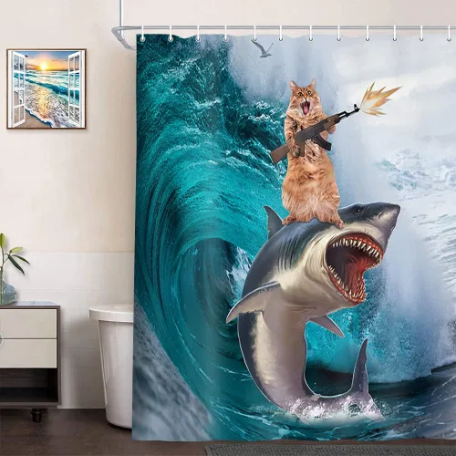 Miniatura 7 de NYMB Cortina de ducha de agua de mar, tela de poliéster, náutica de verano, tropical, olas sobre un azul y blanco ventoso, decoraciones de baño