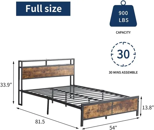 Miniatura 2 de Base de cama matrimonial con luces LED y 2 puertos de estación de carga USB, base de cama de plataforma de tamaño matrimonial, no necesita somier