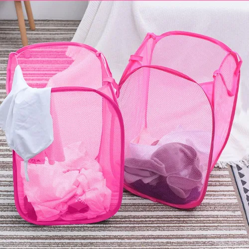 Miniatura 7 de Larpur Paquete de 2 cestas plegables para lavandería, plegable, portátil, de malla, con asas de transporte reforzadas (rosa)