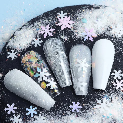 Miniatura 5 de Polvo blanco con purpurina para uñas, copos de nieve, lentejuelas para uñas, 6 frascos, copos de nieve de invierno, kit de polvo para decoración