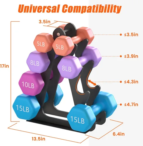 Miniatura 7 de 4-Tier Dumbbell Rack for 1-15 lb Weights, Holds 5 Pairs Space-Saving Sturdy A-Frame Stand for Home Gym, Weight Rack for Women's Dumbbell Set Negro
