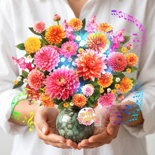 Yinqing Tarjetas de cumpleaños, tarjeta de feliz cumpleaños con luz y música, Dahlia Sunrise, ramo de flores para siempre tamaño real de 10
