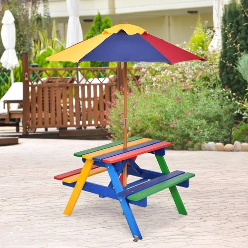 Miniatura 6 de HONEY JOY Mesa de picnic para niños, juego de mesa y banco de madera de abeto para exteriores con paraguas plegable y extraíble, mesas de picnic