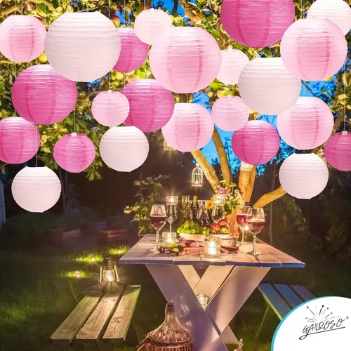 Miniatura 5 de 21 linternas de papel rosadas, 4, 6, 8, 10, 12 pulgadas, para colgar en interiores y exteriores, con cinta y cuerda para graduación, cumpleaños