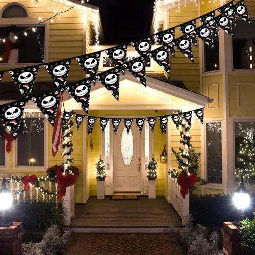 Miniatura 5 de Banderines de Cuerda Triangulares de Jack Skellington para Decoraciones de Navidad y Halloween - Banderas y Pennones de Pesadilla Antes de Navidad