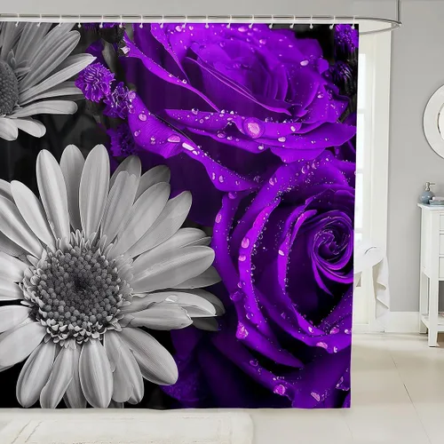 Miniatura 7 de Cortina de ducha con rosas rojas, juego de cortinas de ducha para niñas, mujeres y niños, cortina de ducha de tela impermeable con flores botánicas