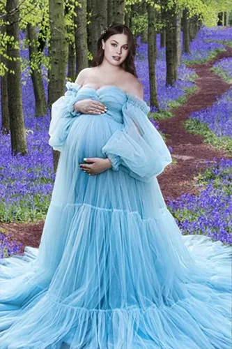 Miniatura 4 de Vestido de maternidad de tul hinchado para sesión de fotos, batas de manga larga, hombros descubiertos, lencería transparente, vestidos de baby