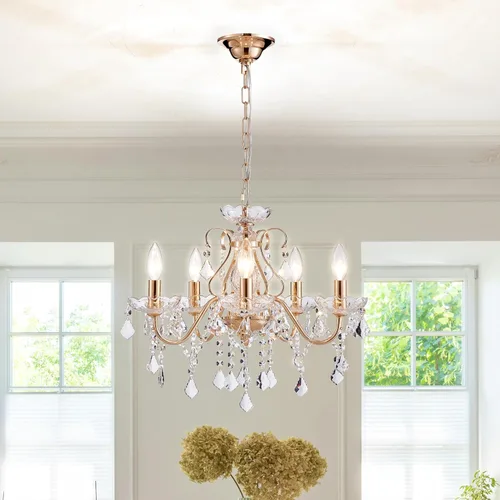 Saint Mossi - Lámpara de araña de cristal de 5 luces, moderna lámpara colgante de cristal dorado, candelabro de gota de lluvia dorada francesa para