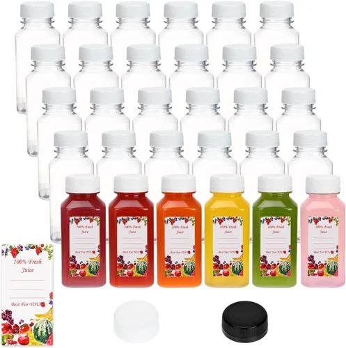 Miniatura 8 de SUPERLELE 10 botellas de plástico para jugo de 12 onzas con 10 tapas negras y 10 tapas azules, recipientes de jugo reutilizables con tapas