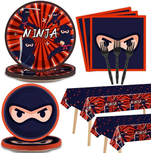 Juego de vajilla de 98 piezas de decoración de fiesta de cumpleaños ninja guerrero, platos de karate, servilletas, mantel, kit de suministros para