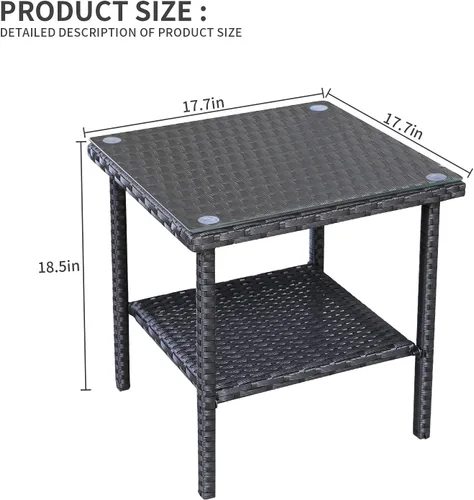 Miniatura 2 de Valita Mesa auxiliar de mimbre PE al aire libre con tapa de vidrio para jardín, junto a la piscina, muebles de ratán para patio, mesa auxiliar, Negro