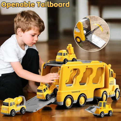 Miniatura 2 de Camiones de construcción de juguetes para niños de 2, 3, 4, 5 años, vehículo de transporte 5 en 1 para niños pequeños de 2 a 4 años con grúa