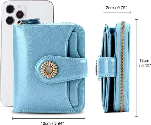 Miniatura 3 de INSIFEEL Billetera pequeña para mujer, bolso compacto de cuero con bloqueo RFID RFID para mujer, Azul claro, Retro