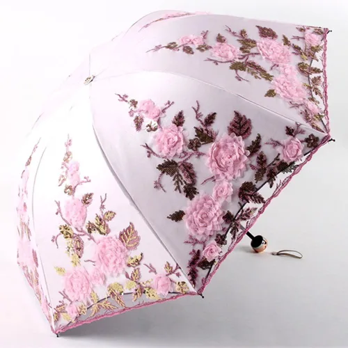 Miniatura 15 de Honeystore Sombrilla bordada con flor 3D plegable UV con encaje clásico