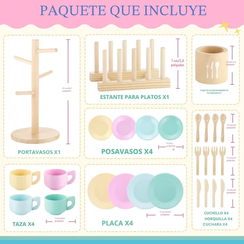 Miniatura 6 de GAGAKU Juego de Platos de Juguete de Madera para Niños - 27 Piezas Accesorios de Cocina de Juego Montessori Juego de Platos y Cuencos, Soporte