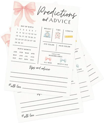 Miniatura 3 de Tarjetas de predicciones y consejos de baby shower de Printed Party – Diseño de lazo rosa, divertido juego de baby shower para invitados, actividad