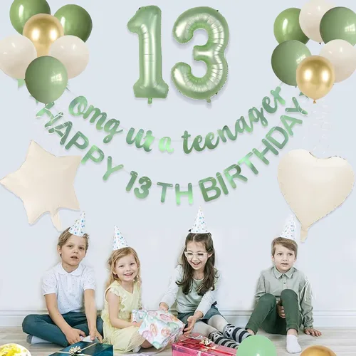 Miniatura 6 de Guirnalda de globos de aluminio con texto en inglés «Omg Ur A Teenager, Happy 13th Birthday» de color verde salvia, decoración oficial de 13