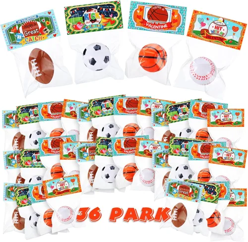 Zhanmai 36 bolas de estrés deportivas para el día de San Valentín con tarjetas de regalo para niños, baloncesto, béisbol, fútbol, fiesta,
