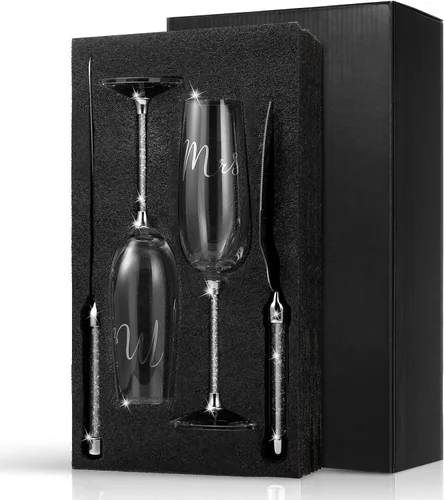 Miniatura 8 de Boao Juego de 4 cuchillos para tartas de boda y copas de champán para servir de señor y señora para tostar, juego de corte de pastel de cristal