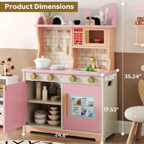 Miniatura 2 de knoworld Cocina de madera de juguete para niños de 3 a 8 años, juego de cocina con diseño de gato con microondas, estufa, fregadero, perillas