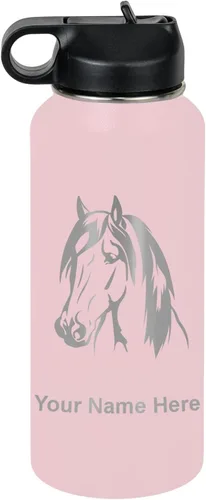 Miniatura 38 de LaserGram Botella de agua personalizada, cabeza de caballo 1, acero inoxidable de doble pared aislada al vacío con popote superior, regalo grabado