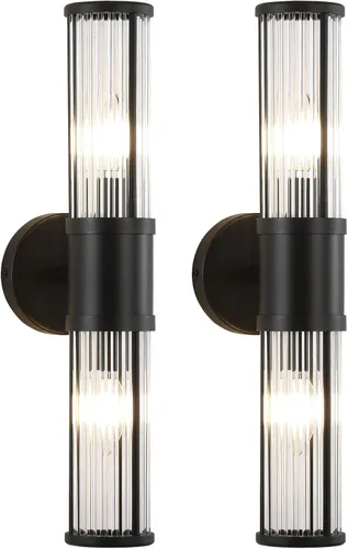 Miniatura 9 de Moderna lámpara de tocador de latón cepillado, aplique de pared con doble varilla de vidrio para baño, base de candelabro E12, iluminación de Latón